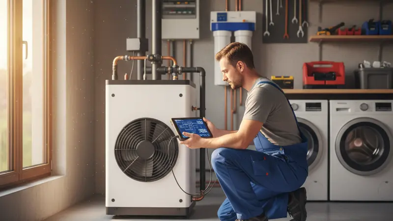 Techniker misst die Effizienz einer Wärmepumpe mit digitalem Messgerät