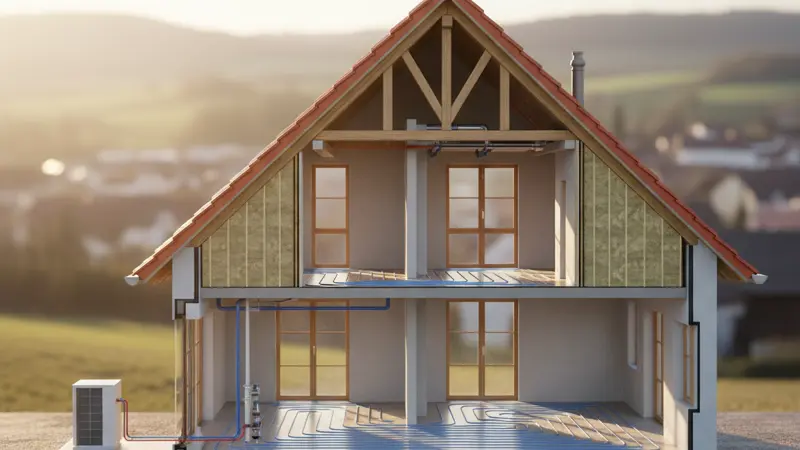 Querschnitt eines Einfamilienhauses mit Waermepumpe, Fussbodenheizung und Daemmung