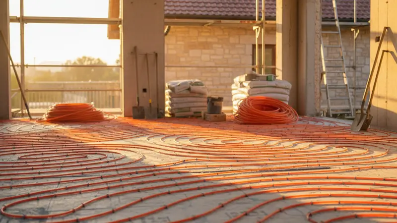 Fussbodenheizungsrohre waehrend der Verlegung in einem Neubau-Estrich
