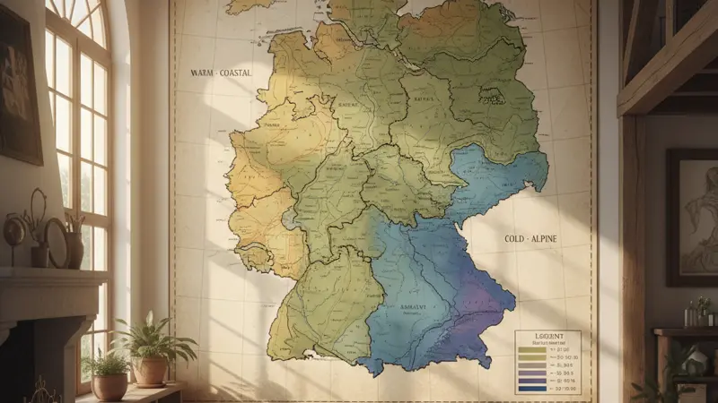 Deutschlandkarte mit Klimazonen für Waermepumpen-SCOP-Berechnung und regionalen Temperaturunterschieden
