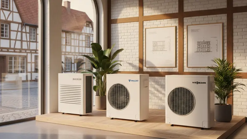 Verschiedene hocheffiziente Waermepumpen-Außengeraete von Daikin, Vaillant und Viessmann nebeneinander