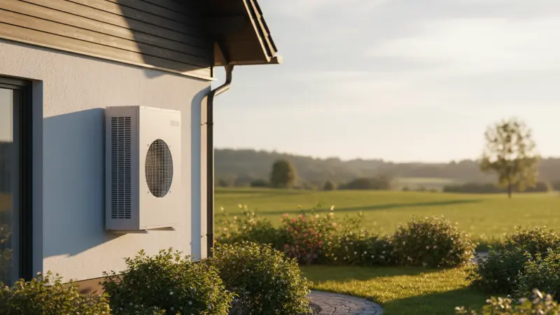 Moderne Luft-Wasser-Waermepumpe an der Außenwand eines Einfamilienhauses mit Garten