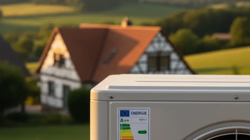 Nahaufnahme eines EU-Energielabels auf einer Waermepumpe mit Klasse A+++