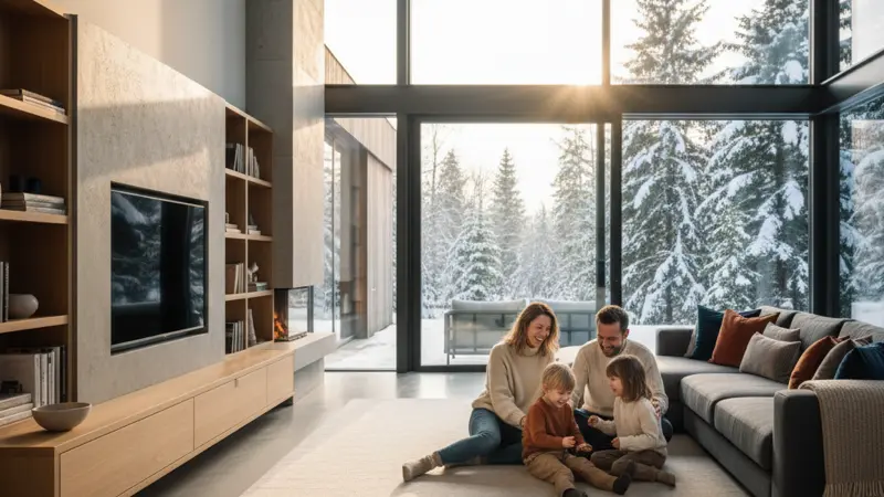 Familie geniesst die gleichmäßige Wärme im Wohnzimmer dank Fußbodenheizung und Wärmepumpe