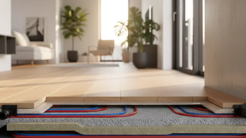 Fußbodenheizung im Querschnitt mit Rohrleitungen unter dem Estrich