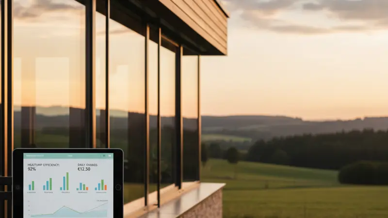 Smart-Home-Display zeigt Wärmepumpen-Effizienz und Energieverbrauchsdaten