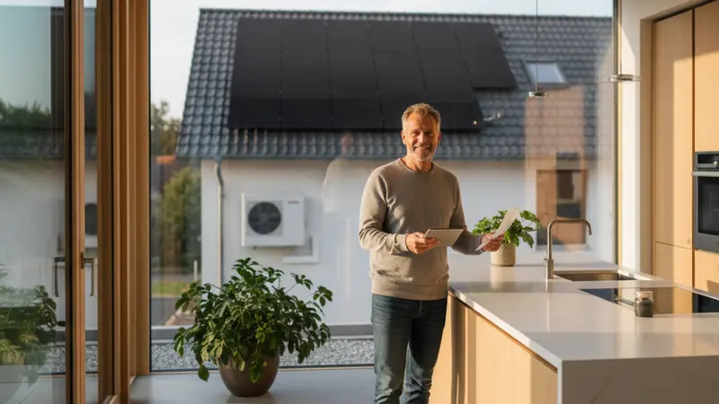 Hausbesitzer prueft Stromrechnung vor dem Hintergrund von Solaranlage und Wärmepumpe