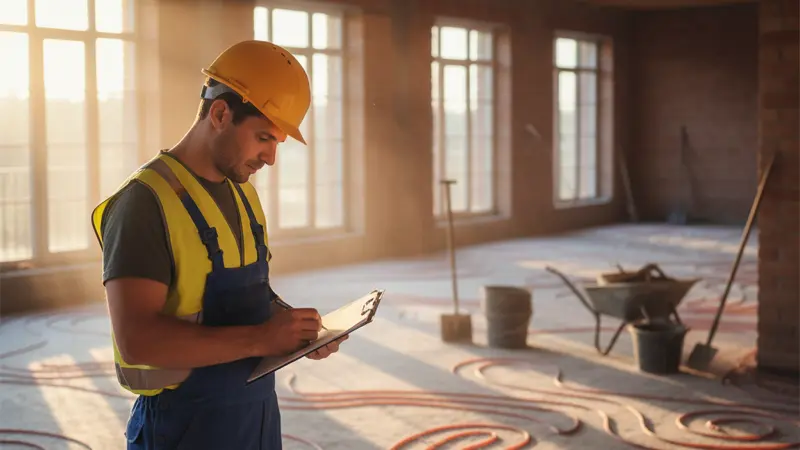 Handwerker dokumentiert Aufheizprotokoll für das Belegreifheizen einer Fußbodenheizung