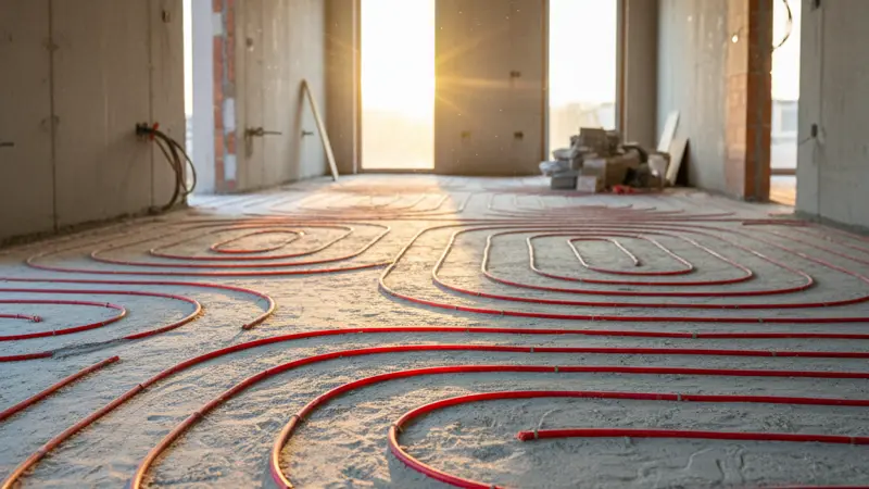 Frischer Zementestrich mit eingebetteten Fußbodenheizungsrohren in einem Neubau