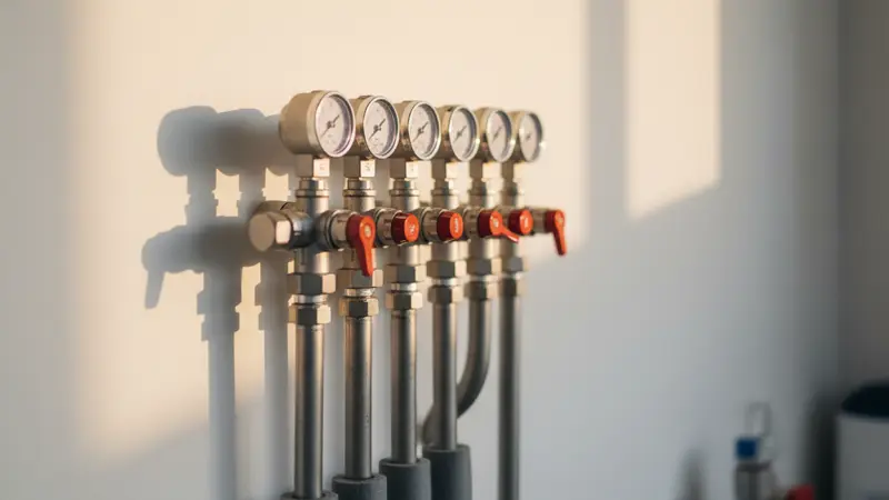 Heizkreisverteiler einer Fußbodenheizung mit Durchflussmessern und Regelventilen