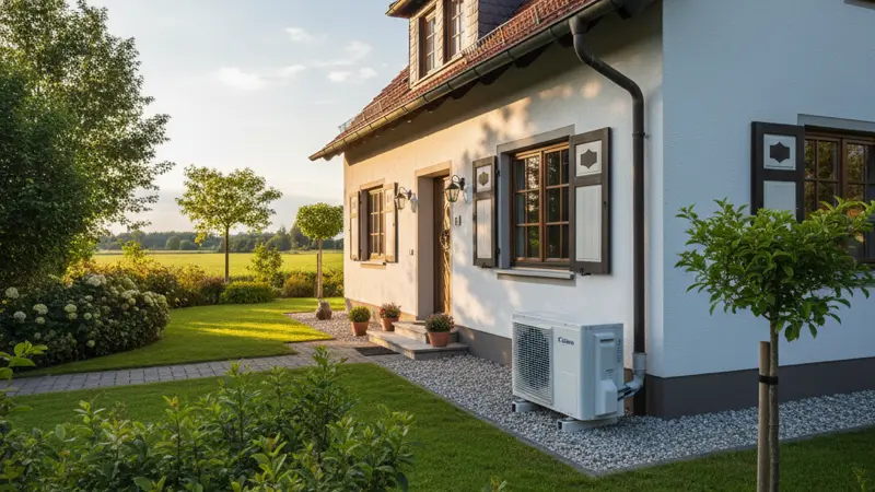 Moderne Luft-Wasser-Wärmepumpe vor einem sanierten Einfamilienhaus mit Garten
