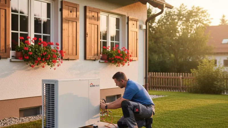 Fachhandwerker installiert eine Wärmepumpe an der Außenwand eines Einfamilienhauses