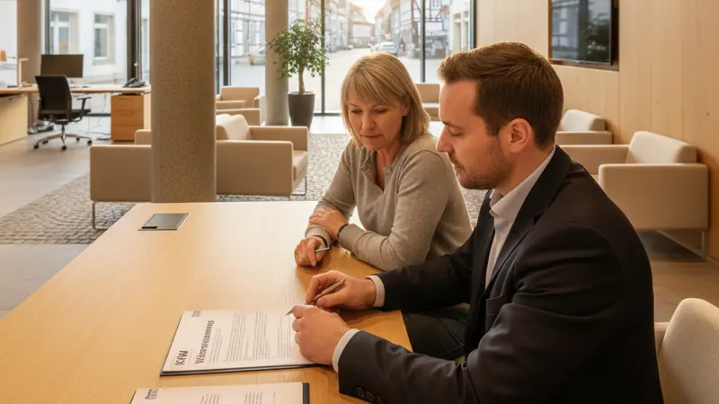 Beratungsgespraech in einer Bankfiliale zur KfW-Kreditbeantragung für eine Wärmepumpe