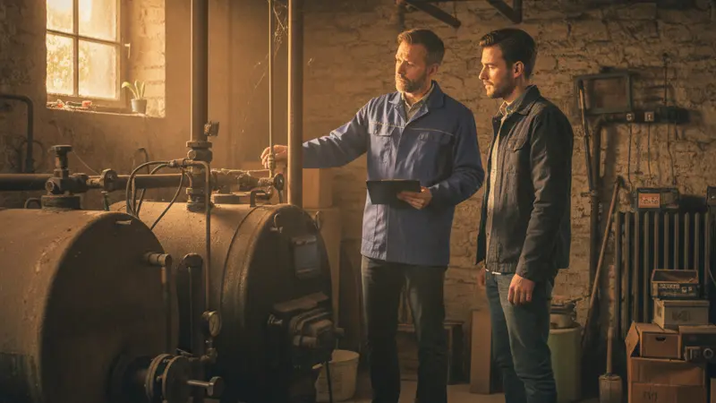 Energieberater prüft alte Heizungsanlage im Keller