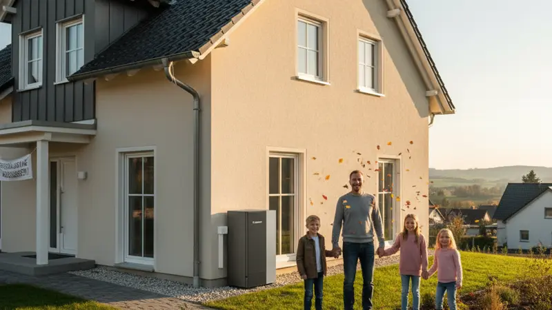 Familie vor ihrem Haus mit moderner Wärmepumpe