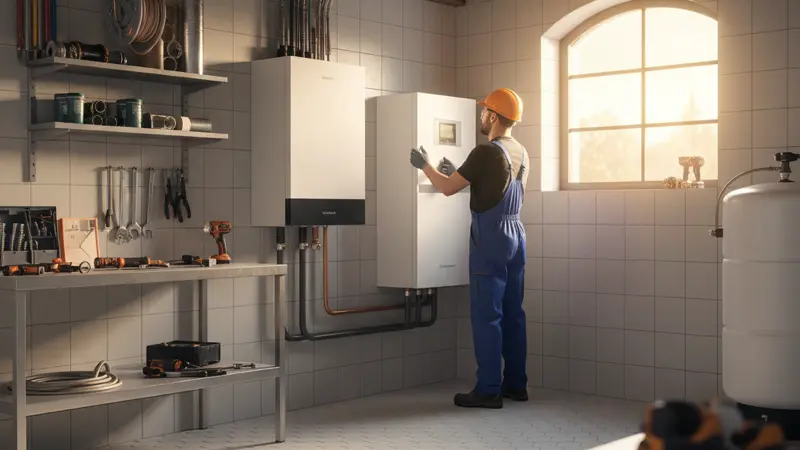 Fachbetrieb installiert Wärmepumpe im Heizungskeller