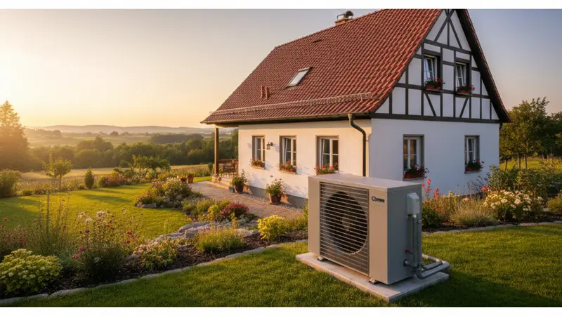Moderne Wärmepumpe neben einem deutschen Einfamilienhaus mit Garten