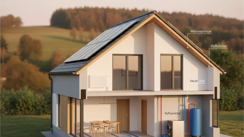 Querschnitt eines Hauses mit Wärmepumpen-System und Fußbodenheizung