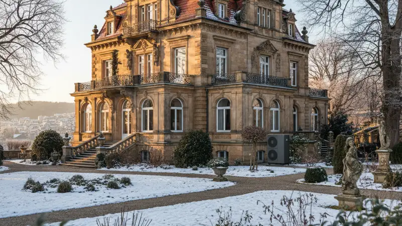 Saniertes deutsches Haus nach dem Austausch einer fossilen Heizung gegen eine Wärmepumpe