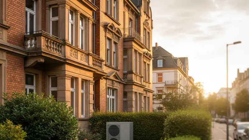 Deutsches Altbau-Mehrfamilienhaus mit Wärmepumpe im Vorgarten