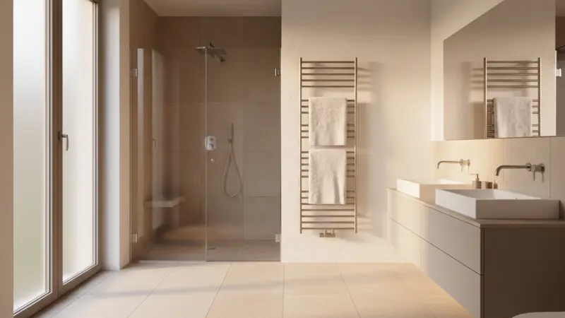 Badezimmer mit gefliestem Boden über einer Fußbodenheizung
