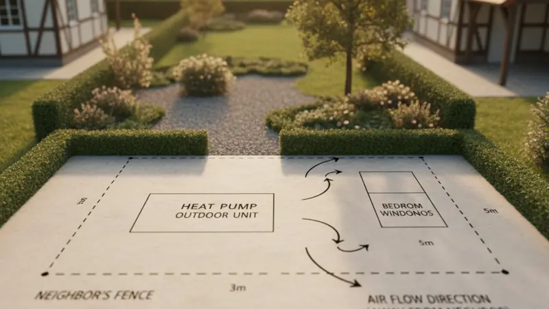 Schematische Darstellung der optimalen Aufstellposition einer Wärmepumpe im Garten