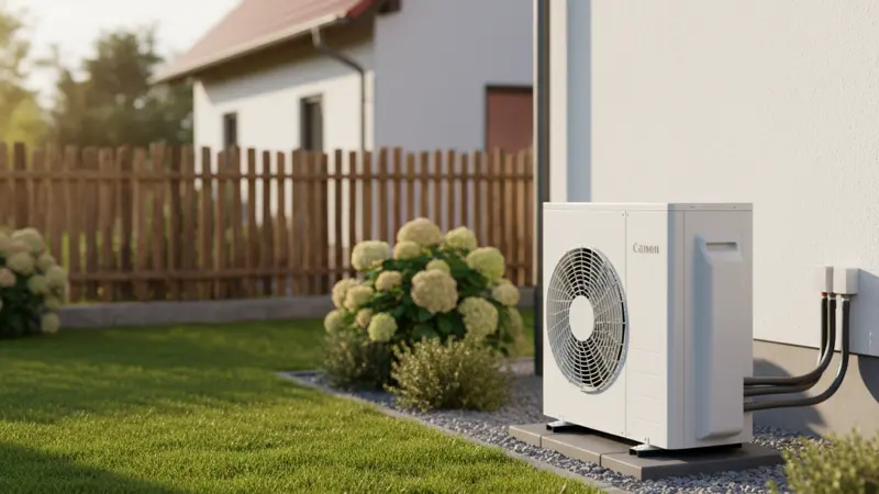 Moderne Luft-Wasser-Wärmepumpe im Garten eines Einfamilienhauses mit Schallschutzelementen