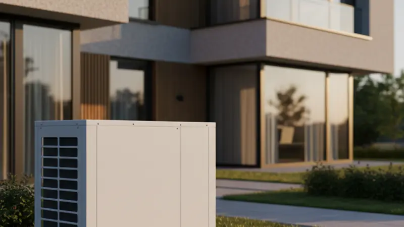 Nahaufnahme einer modernen leisen Wärmepumpe mit Schallschutz-Gehäuse