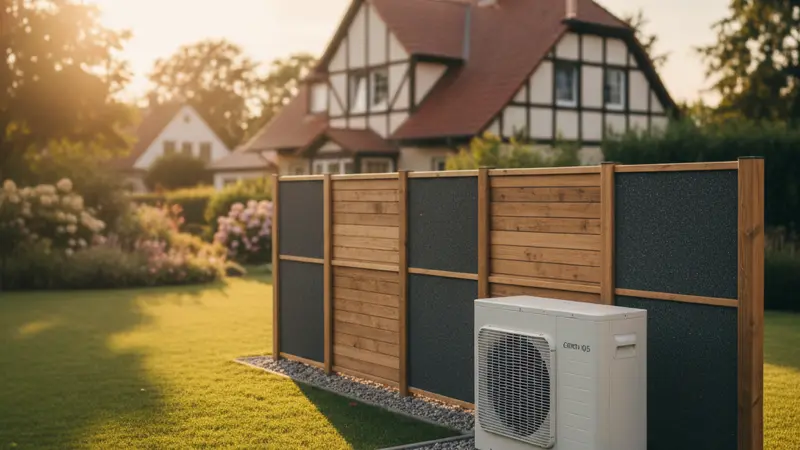 Professionelle Schallschutzwand neben einer Wärmepumpe im Garten
