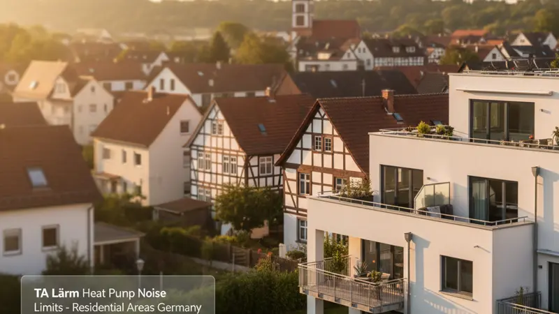 Infografik zu TA Lärm Grenzwerten für Wärmepumpen in verschiedenen Baugebietstypen