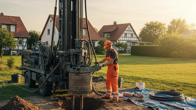 Bohrgerät bei der Brunnenbohrung für eine Grundwasser-Wärmepumpe auf einem Grundstück