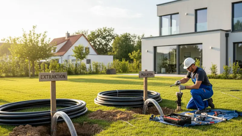 Grundwasser-Wärmepumpe mit Förderbrunnen und Schluckbrunnen im Garten eines Einfamilienhauses