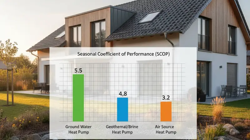 Diagramm SCOP-Vergleich verschiedener Wärmepumpentypen: Grundwasser, Sole und Luft