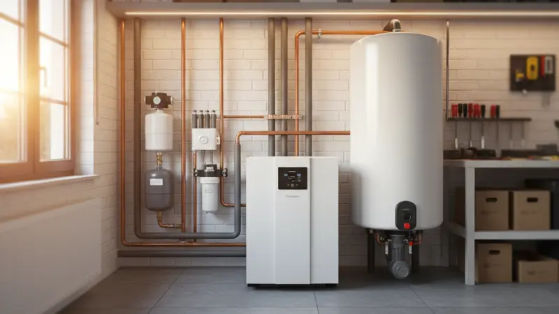 Grundwasser-Wärmepumpe mit Pufferspeicher im Heizraum eines Einfamilienhauses