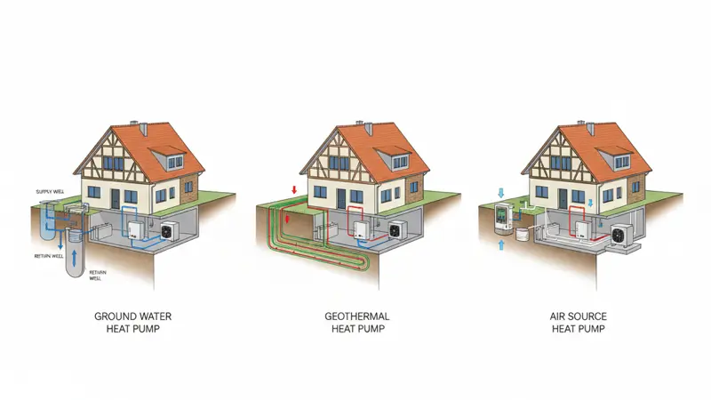 Vergleich der drei Wärmepumpentypen: Grundwasser, Sole und Luft nebeneinander dargestellt