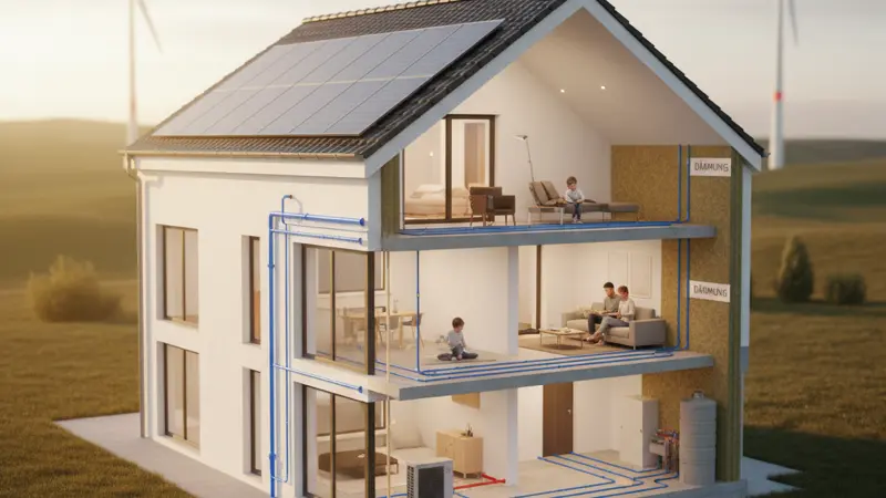 Energieeffizienz-Konzept für Hausheizung mit Waermepumpe und Daemmung