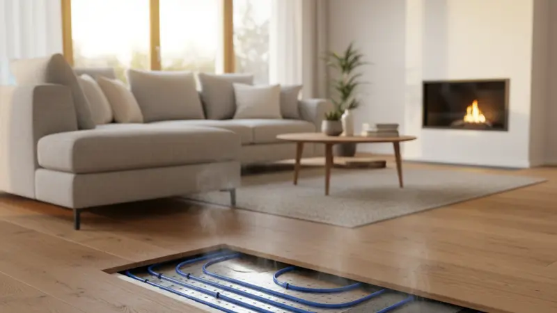 Fussbodenheizung in einem modernen Neubau mit Waermepumpe