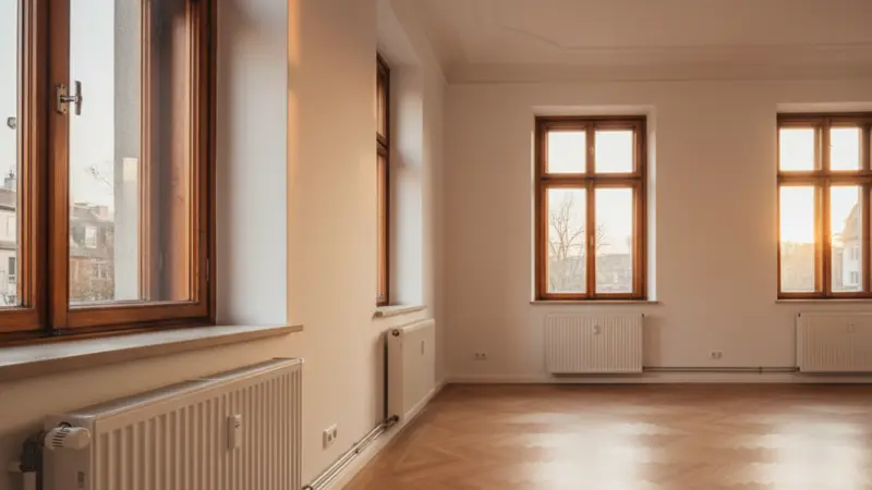 Moderne Plattenheizkoerper in einem sanierten Altbau mit hohen Decken und großen Fenstern