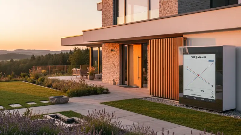 Modernes Display einer Waermepumpe mit Heizkurven-Einstellung und Temperaturanzeige