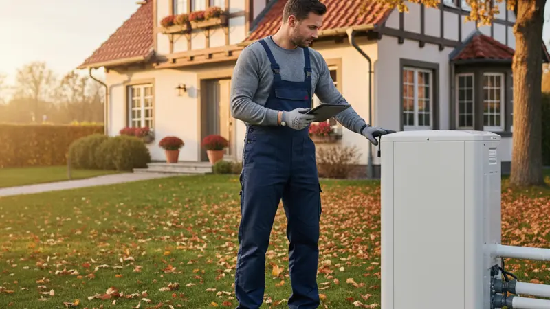 Fachmann stellt eine Waermepumpe am Außengeraet ein