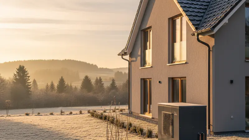 Waermepumpe Außengeraet im Winterbetrieb neben einem Einfamilienhaus