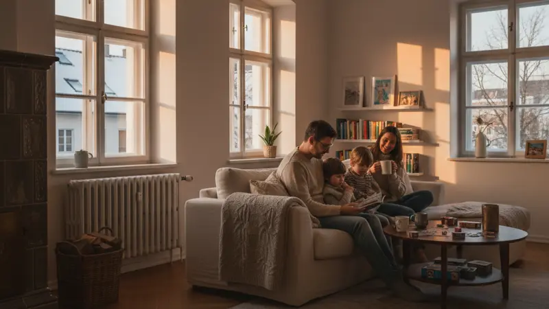 Familie in einem warmen Wohnzimmer mit Heizkörpern, behaglich in der kalten Jahreszeit