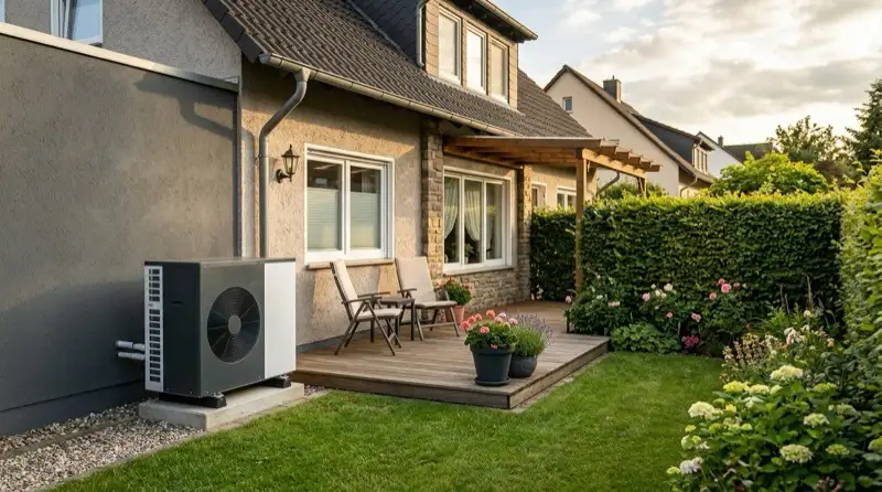 Außengerät einer Wärmepumpe am Wohnhaus für die Abdeckung der Heizgrundlast