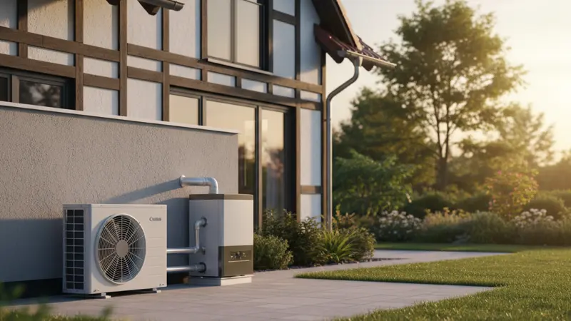 Modernes Hybrid-Wärmepumpen-System neben einem Einfamilienhaus mit Außengerät und Gasbrennwertkessel
