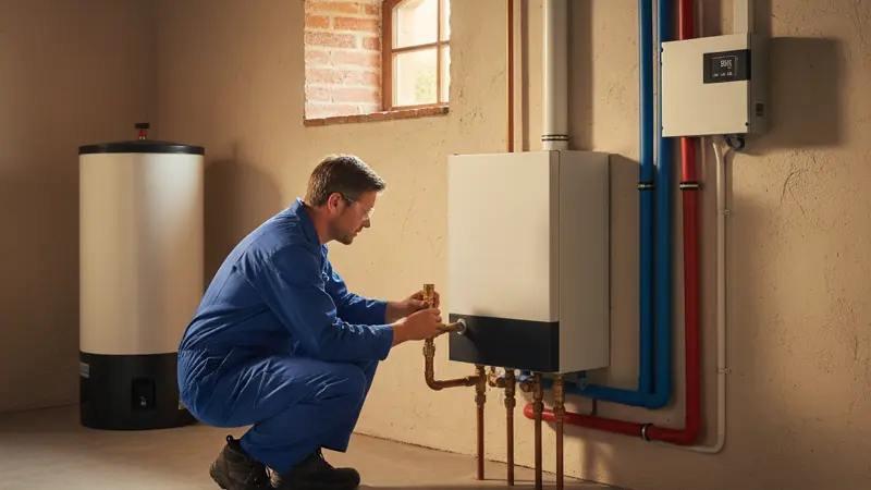Fachhandwerker installiert Hybrid-Wärmepumpe im Heizungskeller eines Einfamilienhauses