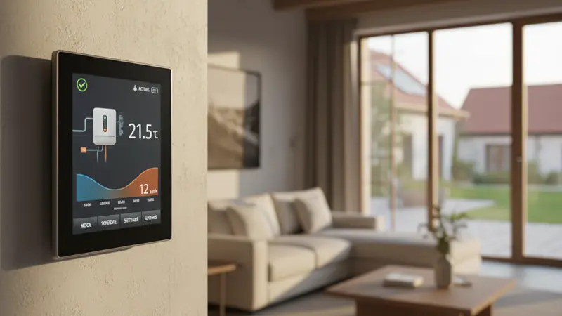 Modernes Smart-Home-Display zeigt Hybrid-Wärmepumpen-Status mit Temperatur und Energieverbrauch