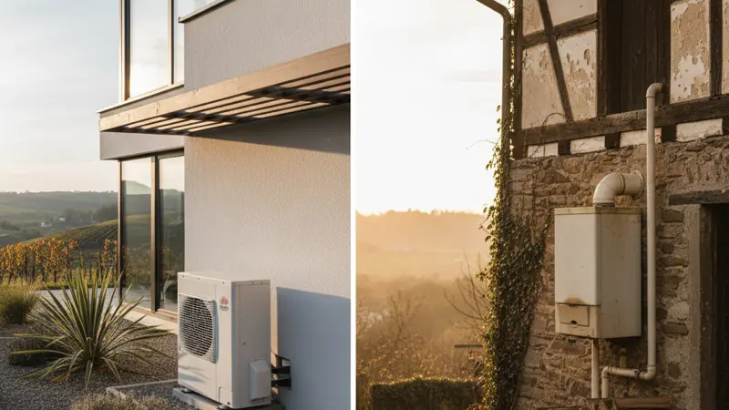 Vergleich zwischen moderner Wärmepumpe und traditionellem Gaskessel in einem geteilten Bild