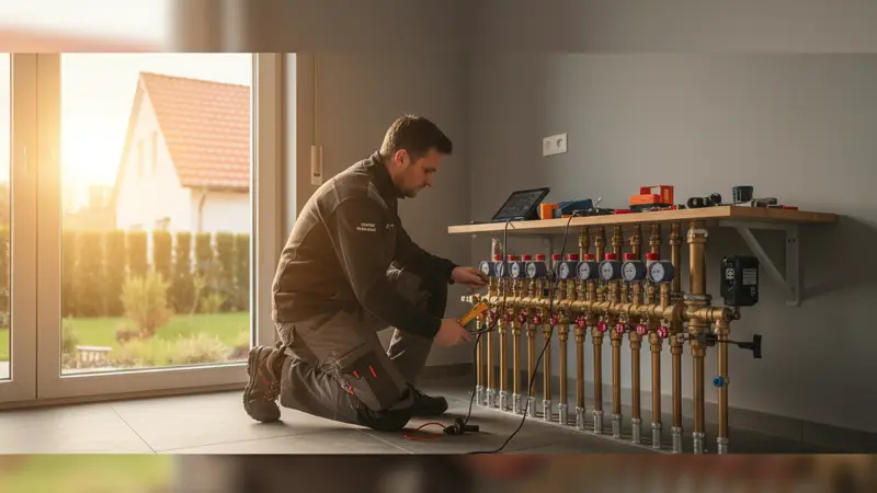 Facharbeiter führt hydraulischen Abgleich an Fußbodenheizungs-Verteiler durch