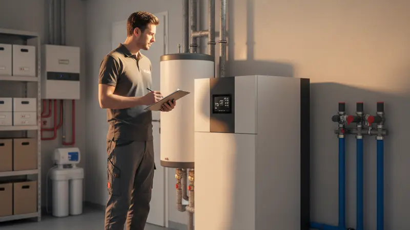 Techniker dokumentiert die Inbetriebnahme-Parameter einer Wärmepumpe auf einem Tablet