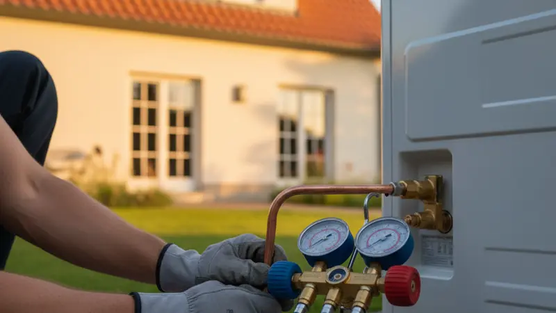 Techniker bei der Kältemittelbefüllung einer Split-Wärmepumpe mit Manometer